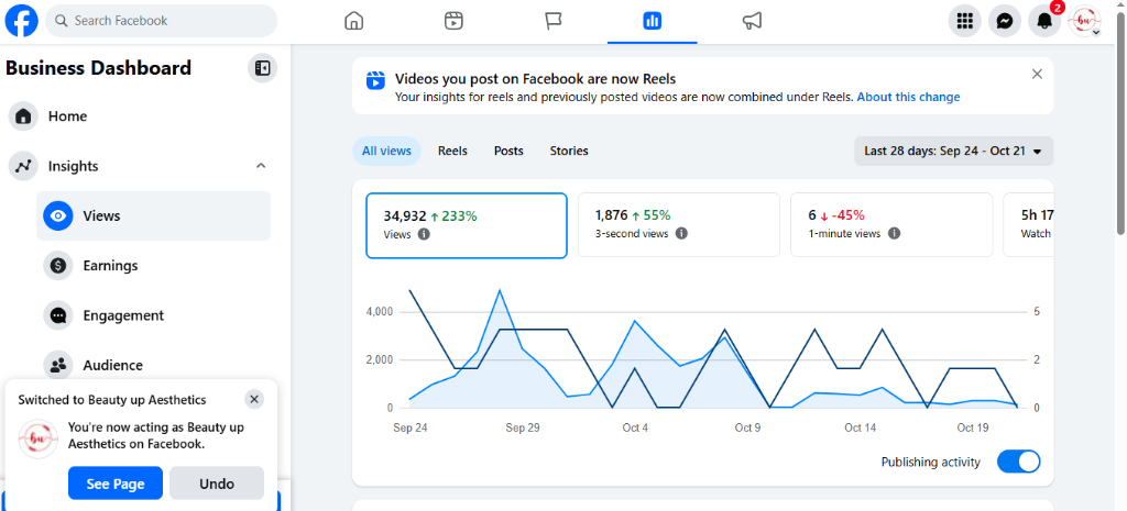 Beauty Up Aesthetics Facebook 34.9K views 28 days analytics