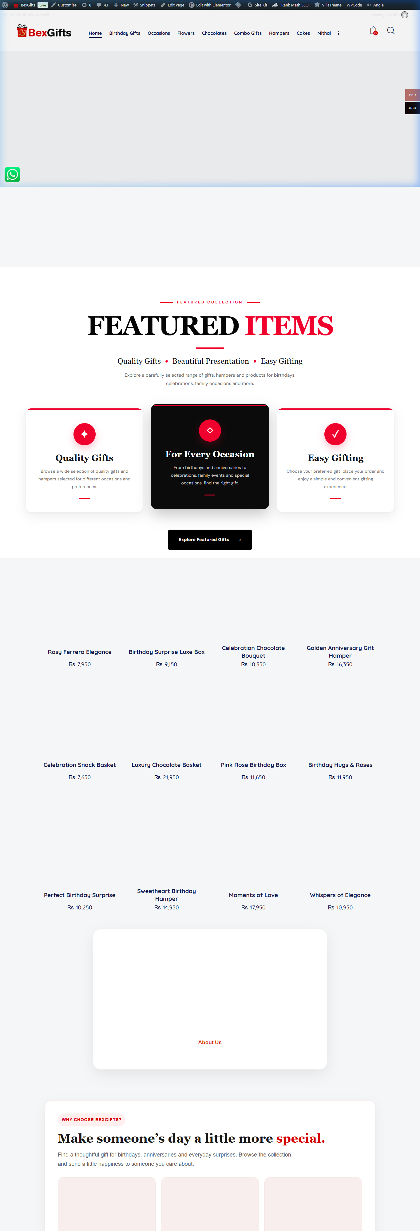 BexGifts live website homepage showing flower delivery and luxury gifts