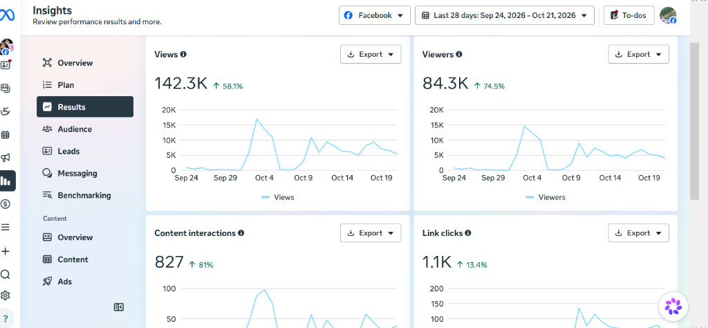 Meta Facebook insights 28 days performance analytics