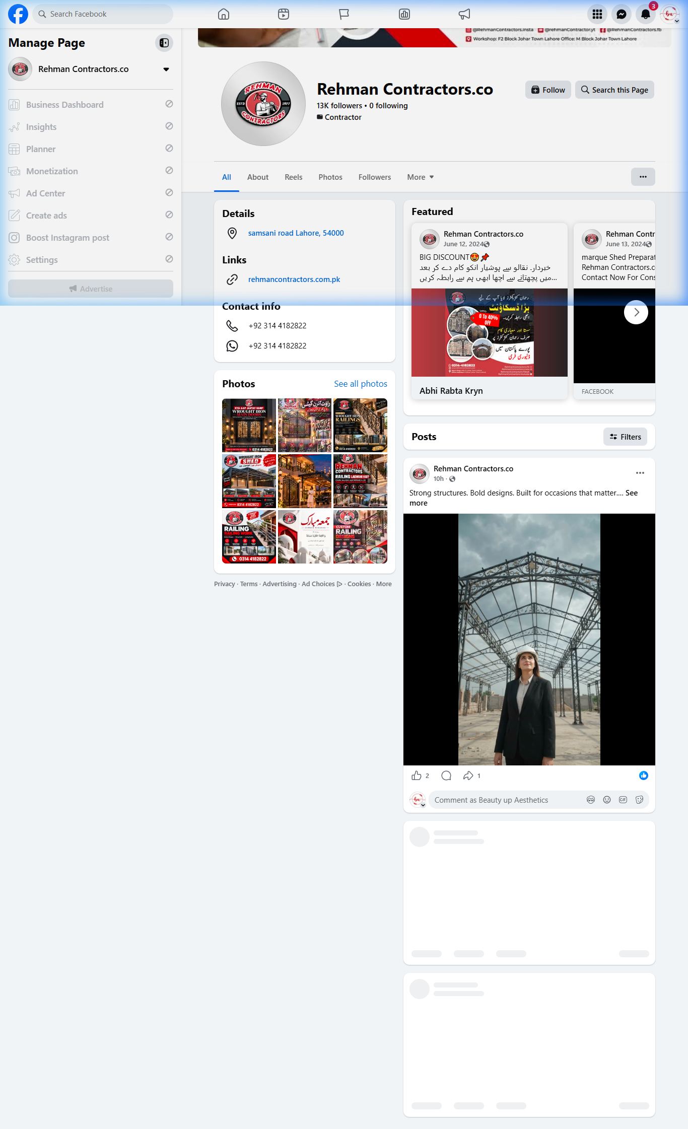 Rehman Contractors Facebook page screenshot showing 13k followers