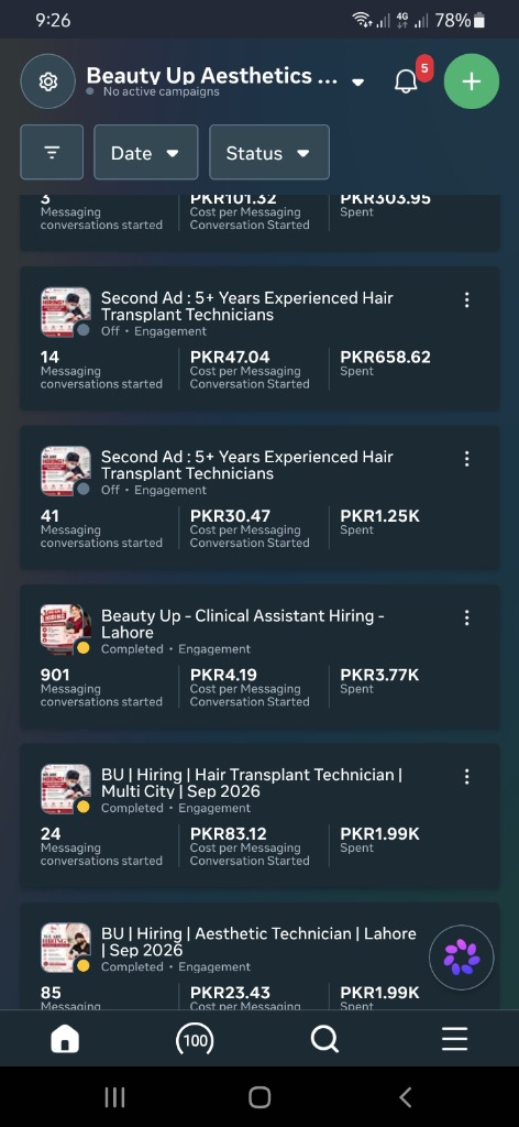 Meta Ads Manager dashboard showing Beauty Up Clinical Assistant hiring campaign delivering 901 conversations at PKR 4.19 per result