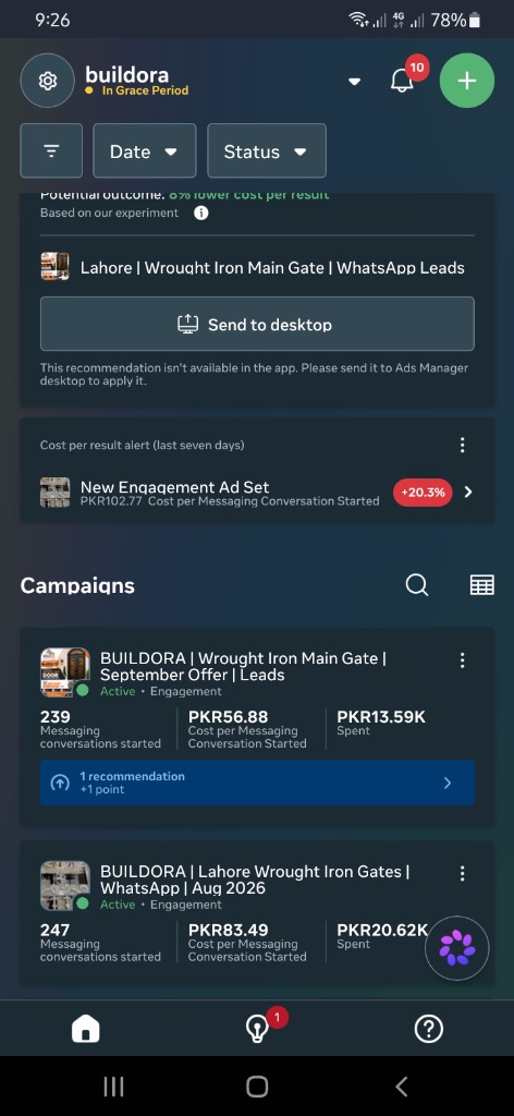 Meta Ads Manager Dashboard showing Buildora Wrought Iron Main Gate campaigns with 239 and 247 messaging conversations started