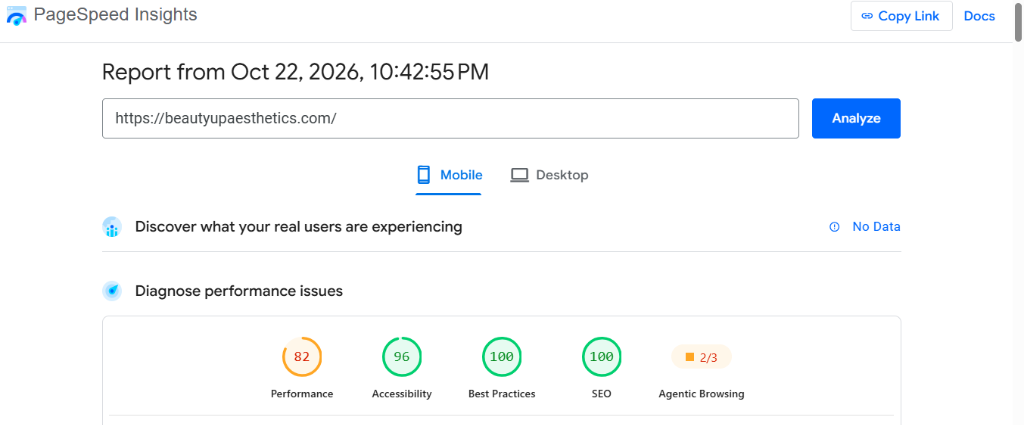 Google PageSpeed Insights mobile report showing 82 performance, 96 accessibility, 100 best practices, 100 SEO